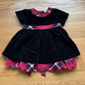 Hanna Andersson Black Velvet Dress with Red Plaid Accents
